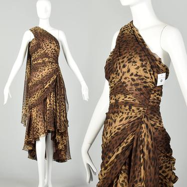 Small 1990s Tadashi Animal Print Dress Brown Asymmetric One Shoulder Flowy Sash 