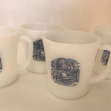 Set of (4)  Fire King  and Anchor Hocking milk glass Coffee Cocoa Mugs  Blue Children Playing by Fence 