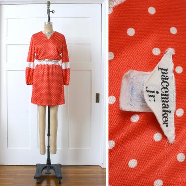 vintage 1960s 70s dress • orange &amp; white polka dot polyester mini dress 
