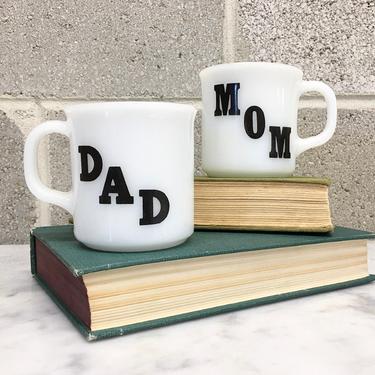 Vintage Mug Set Retro 1970s Anchor Hocking + Mom and Dad + Milk Glass + White and Black + Poems + Set of 2 + Home and Kitchen Decor 