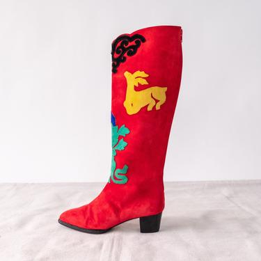 Vintage 80s Andrea Pfister Couture Red Suede Knee High Boots w/ Matisse Style Suede Cutout Designs | Size 7 | 1980s RARE Designer Zip Boots 