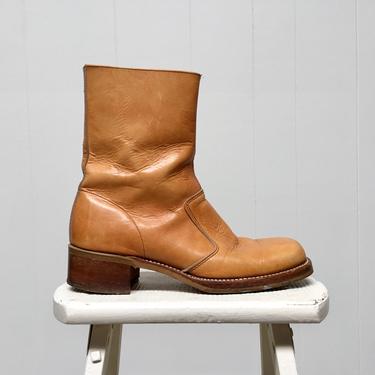 Vintage 1970s Campus Boots, Saddle Brown Leather, Mid-Calf Zippered Boot by Hanover Made in USA, Mens Size 9 