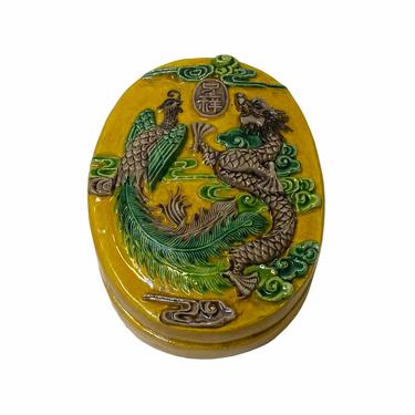 Chinese Yellow Mustard Ceramic Phoenix Dragon Ink Well Dipping Display ws1806E 