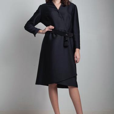 Oscar de la Renta vintage 70s black party coat wrap dress beaded tassel suede belt L XL large - extra large 