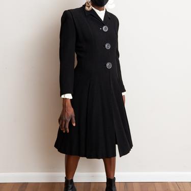 Size S/M, 1930s Black Wool Fit & Flare Button Down Princess Coat 