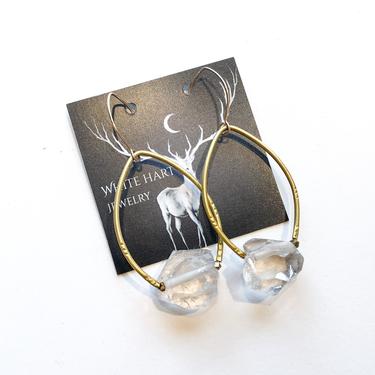 Large Faceted Quartz and Brass Earrings