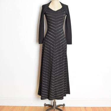 vintage 70s dress black silver metallic chevron striped disco long maxi dress XS clothing 