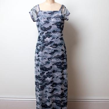 Y2k Cherub Cloud Print Dress / 1990s Printed Mesh Dress 