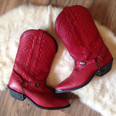 Vintage 70s 80s 90s Red Leather Western Boots with Heart Boot Straps Cowboy Cowgirl Southwestern Dolly Parton Valentines by InAFeverDream