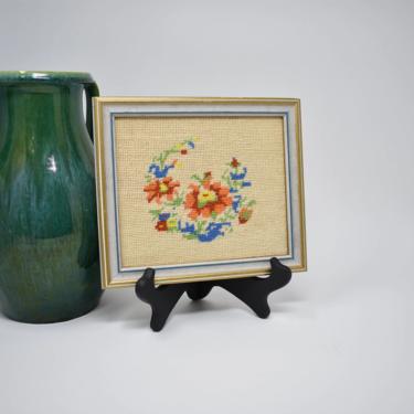 Vintage Framed Embroidery Handiwork | Wall Decor Hanging 70s 80s Floral Pattern | Nursery Decor | Rainbow Colors | Red Blue Green Orange 