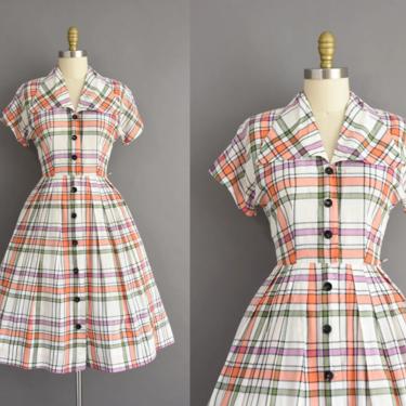 vintage 1950s dress | Classic Purple &amp; Orange Plaid Print Short Sleeve Full Skirt Cotton Shirt Dress | Small | 50s vintage dress 