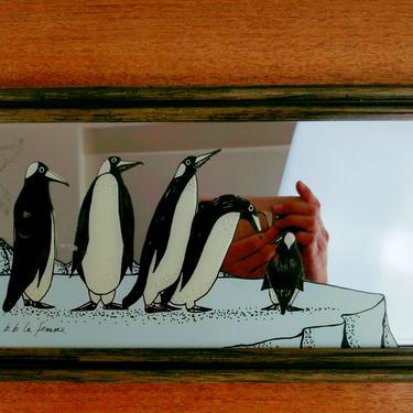 B. B. La Femme Decorative Framed Mirror | Penguins Iceberg | California Artist | Nagel | 1970s 1980s 