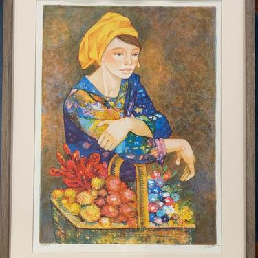 Woman With Flowers Mid Century Modernist Signed & Numbered Lithograph Kulicke Frame 