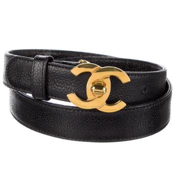 Vintage 90's CHANEL CC TURNLOCK Black Leather Waist Belt Buckle S / M 