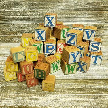Vintage Alphabet Blocks, Childs Learning Toys, Wooden Toy Blocks, Capital Letters Square Toddler Childrens ABC Building Blocks, Vintage Toys 