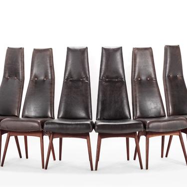 Set of Six (6) Highback Model 2051-C Dining Chairs by Adrian Pearsall in Faux Leather & Walnut 