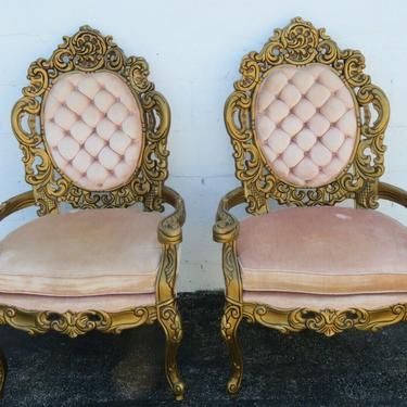 French Provincial Heavy Carved Painted Antique Gold Two Tall Side Chairs 2457