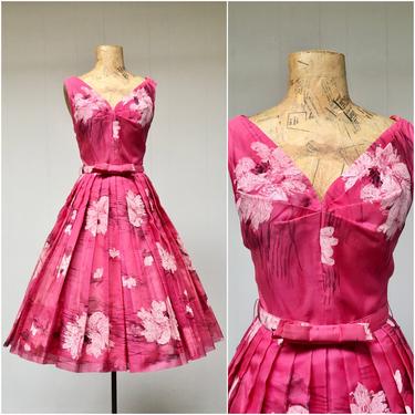 Vintage 1950s Suzy Perette Rose Floral Party Dress, 50s Pink Sleeveless Chiffon Full Skirt Cocktail Dress, Mid-Century Frock, Small 34&quot; Bust 