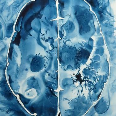 Deep Blue Ink Brain  -  original ink painting on yupo - neuroscience art 