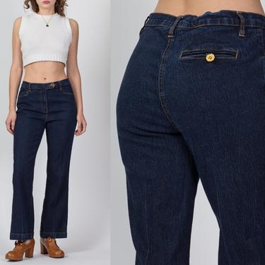 90s Does 70s Flared Stretch Jeans - Large | Vintage Boho Dark Wash Denim Mid High Rise Bootcut Pants 