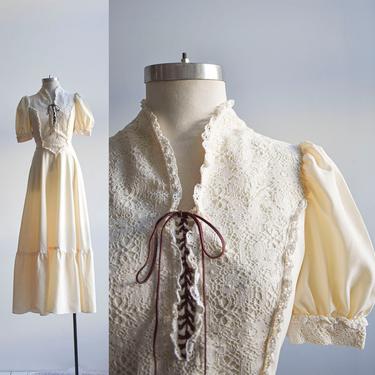 1970s Cream Lace Up Prairie Dress 