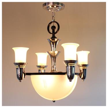 A3073 Antique Circa 1930's-1940's Era Art Deco, Moderne, Streamline, Machine Age Hanging Chandelier Light Fixture 