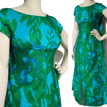 Vintage Hawaiian Watteau Dress Green & Blue Shelf Bust S 