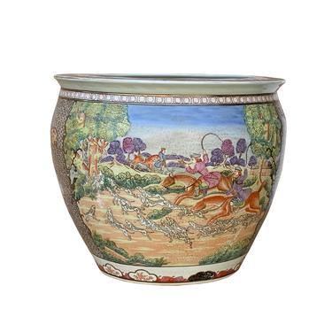 Chinese Oriental Vintage Porcelain Western Horses Dominos Graphic Pot cs6976E 