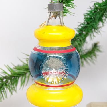 Antique Lantern Christmas Tree Indent Ornament, Vintage Painted Clear Glass Lantern with Stripes, Retro Decor 