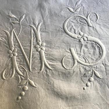 19th C Heirloom French Linen Sheet, Hand Embroidered Monogram, Queen Size 