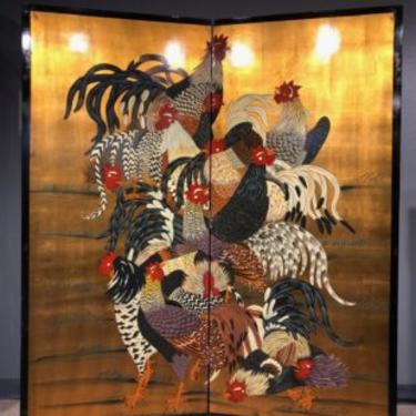 Lacquered Japanese Two Panel Byobu Screen with Roosters.