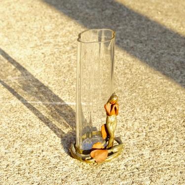 Antique Art Nouveau Glass &amp; Brass Figure Flower Vase, Painted Brass Stand W/ Fairy Figure, Small Cylindrical Glass Vase/Brush Holder, 7&amp;quot; H 