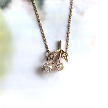 Antique Old European Cut Diamond Cherries 18k Pendant 14k Necklace Yellow Gold 16.5in Fixed Chain 