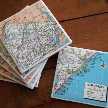 1979 New Jersey Vintage Map Coasters - Ceramic Tile Set of 6 - Repurposed 1970s Hammond Atlas - Handmade - State Map - Newark Trenton NJ 