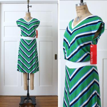 vintage 1970s chevron stripe dress set • cute NOS sleeveless top & skirt in green white and blue 