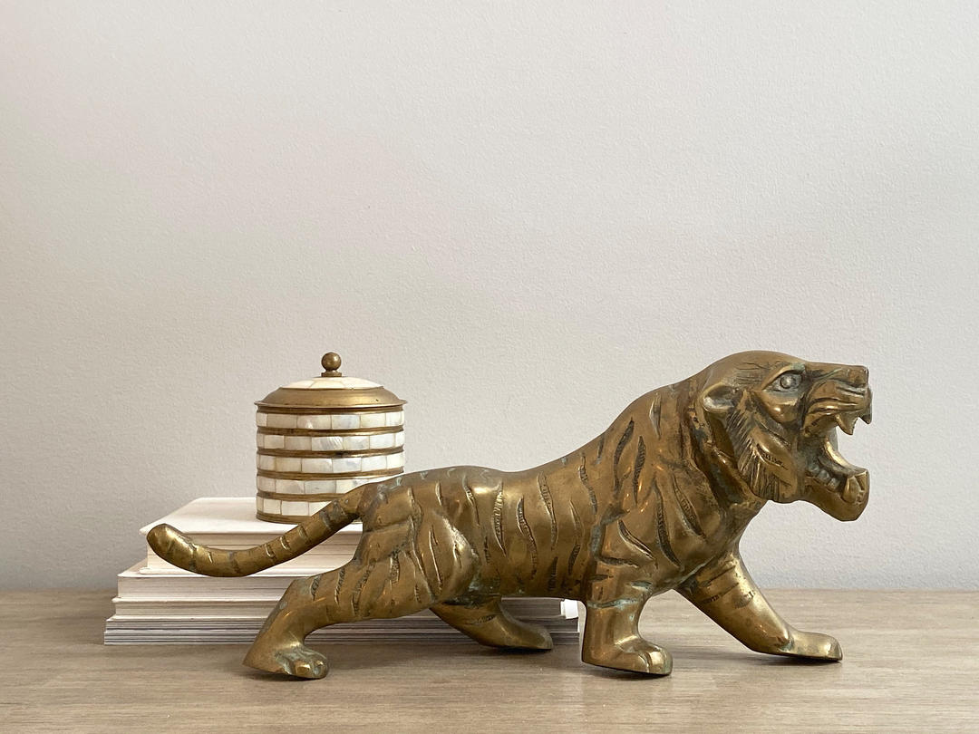 Vintage Brass Tiger 15" Panther Jaguar Statue Figurine 1970s Hollywood