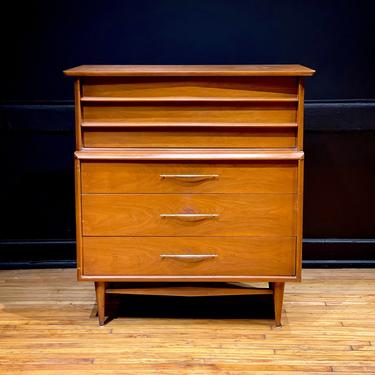 Kent Coffey &quot;Foreteller&quot; Mid Century Modern Walnut and Brass Highboy Dresser Chest of Drawers 