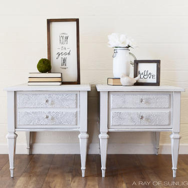 SOLD Light Grey Pair of End Tables, Lace Embossing, Single Drawer, Vintage Refinished Furniture, Raised Stencil, Wood Bed Table, Farmhouse 