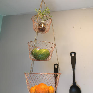 Three tier metal hanging baskets, kitchen wire baskets Brass Chain Copper Mesh 1980s 