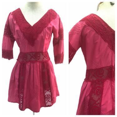 Vintage VTG 1970s 70s Pink Pintuck Lace Long Sleeve Boho Dress 