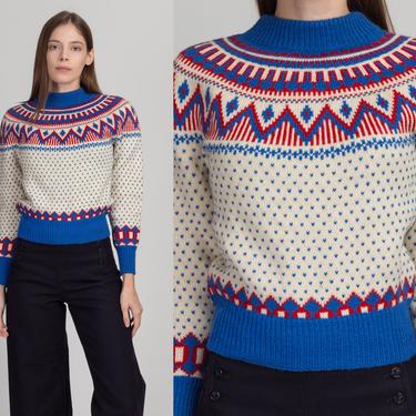 70s Danish Fair Isle Cropped Ski Sweater - Extra Small | Vintage Olympic Original Nordic Wool Knit Pullover Jumper 