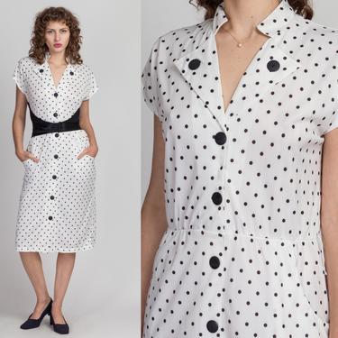 80s Black & White Polka Dot Midi Dress - Medium | Vintage Button Up Collared Short Sleeve Dress 