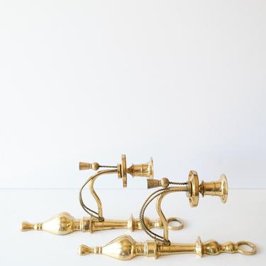 Set of Two Vintage Brass Taper Candlestick Sconces With Decorative Rope Detail 