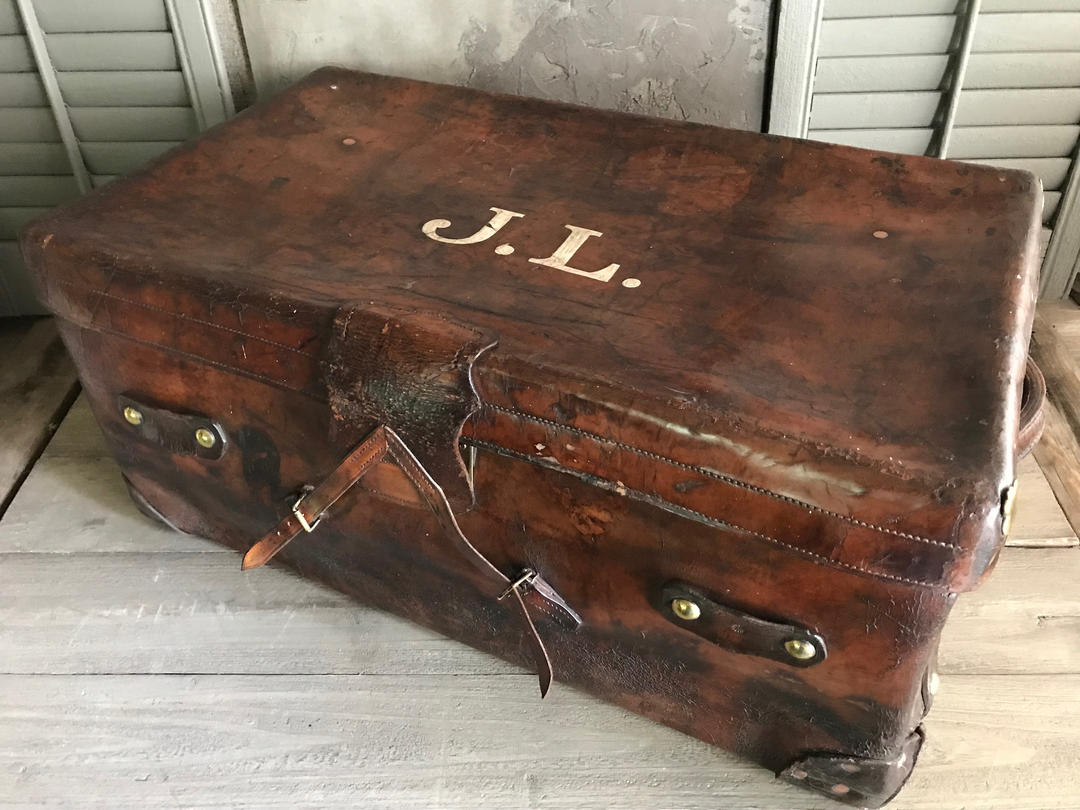 Reserved for Joe Antique Leather Trunk, Suitcase, Brass Lock, Monogram