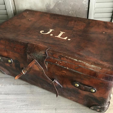 Reserved for Joe Antique Leather Trunk, Suitcase, Brass Lock, Monogram 