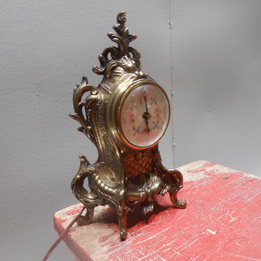 Vintage Metal Decorative Ornate Pot Metal Brass Electric Clock Ornamental Baroque Filigree Gold Working Order Mantle Clock Hollywood Regency 
