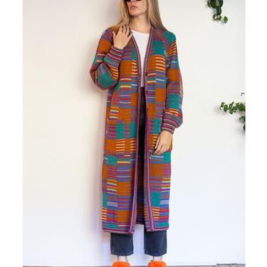 1970s Rare Vintage MISSONI Floor Length Patchwork Sweater Coat Multicolor Rainbow 70s XS S M Button Up Knit 