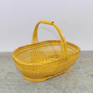 Marigold Yellow Wicker Basket Veggie &amp; Fruit Painted Mid Century Modern Woven Weave Dining Room Centerpiece Bathroom Wedding Card Holder 