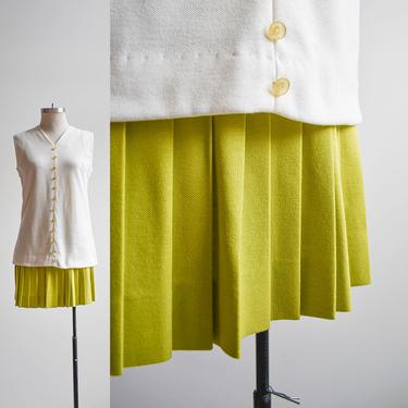 1960s 2pc Outfit Pea Green Skirt &amp; V Neck Blouse 