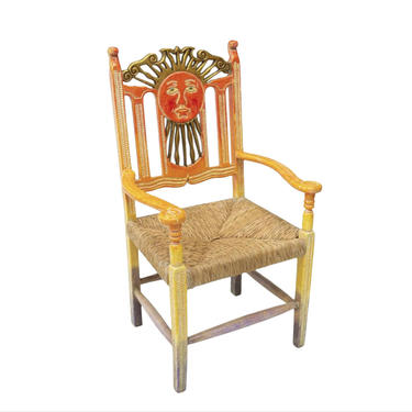 Vintage Unique Mexican Hand Carved &amp; Painted Ombre Sun God Rush Seat Arm-Chair  - Folk Art 